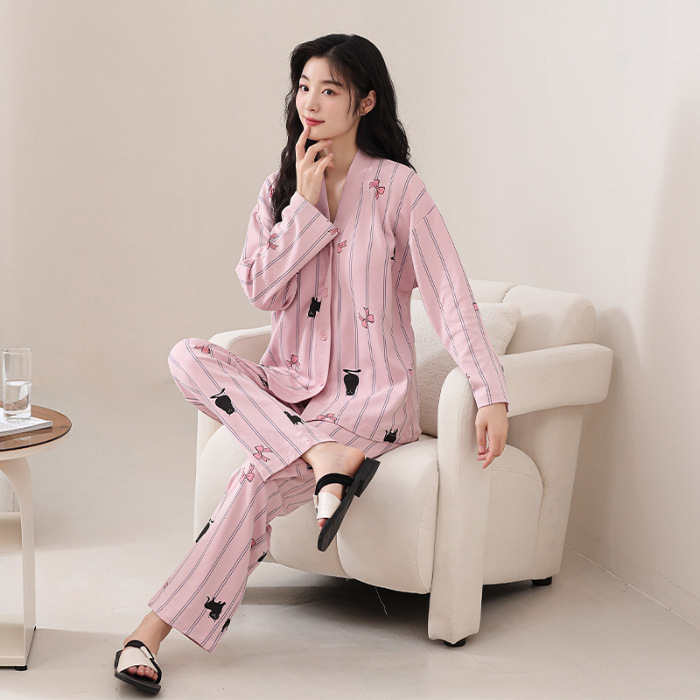 Sieviešu kokvilnas pidžāmu komplekts ar kimono kaklu, garām piedurknēm un biksēm – elpojošs, ērts