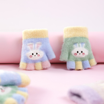 Bērnu pusprstnie cimdi ziemai – siltas no kristāla diegiem, Jacquard raksts, unisex, 1–3 gadi