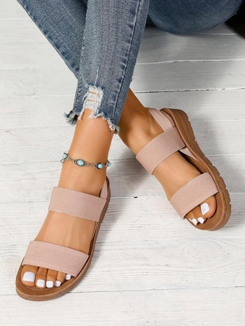 Σανδάλια slingback με άνω μέρος από ραφία, δέρμα με διορθωμένη κόκκωση, ριγέ σχέδιο, φτέρνα 0-1 cm