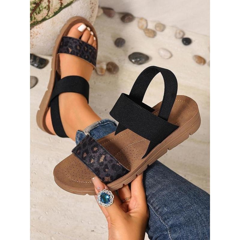 Σανδάλια slingback με άνω μέρος από ραφία, δέρμα με διορθωμένη κόκκωση, ριγέ σχέδιο, φτέρνα 0-1 cm