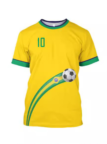 Muško T-shirt s printom brazilskog dresa, prozračan mrežasti materijal, okrugli vrat, kratki rukavi, slobodan kroj