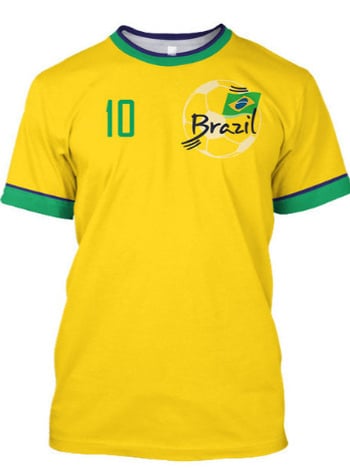 Muško T-shirt s printom brazilskog dresa, prozračan mrežasti materijal, okrugli vrat, kratki rukavi, slobodan kroj