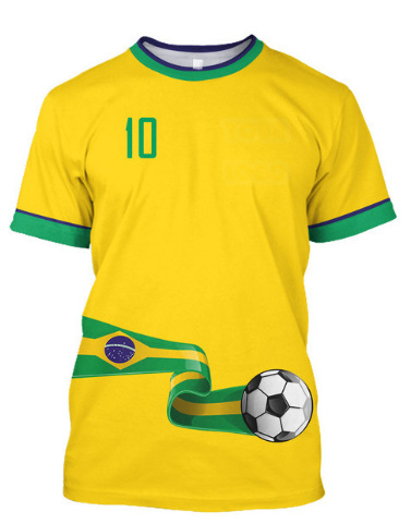 Muško T-shirt s printom brazilskog dresa, prozračan mrežasti materijal, okrugli vrat, kratki rukavi, slobodan kroj