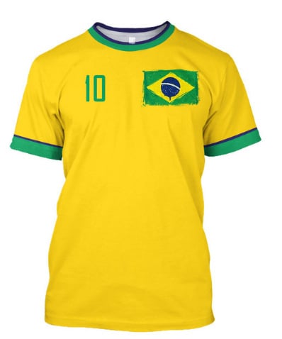 Muško T-shirt s printom brazilskog dresa, prozračan mrežasti materijal, okrugli vrat, kratki rukavi, slobodan kroj