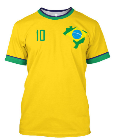 Muško T-shirt s printom brazilskog dresa, prozračan mrežasti materijal, okrugli vrat, kratki rukavi, slobodan kroj