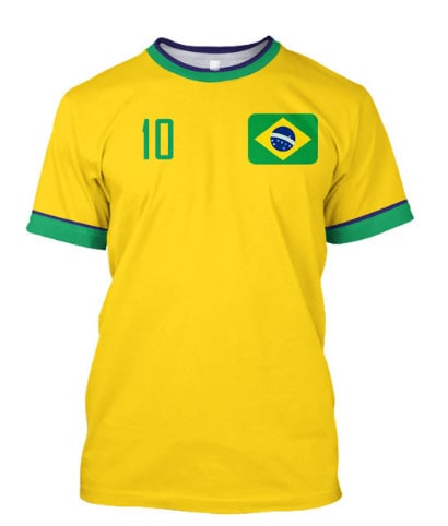 Muško T-shirt s printom brazilskog dresa, prozračan mrežasti materijal, okrugli vrat, kratki rukavi, slobodan kroj