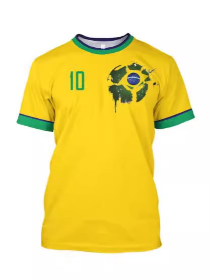 Muško T-shirt s printom brazilskog dresa, prozračan mrežasti materijal, okrugli vrat, kratki rukavi, slobodan kroj