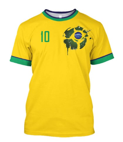 Muško T-shirt s printom brazilskog dresa, prozračan mrežasti materijal, okrugli vrat, kratki rukavi, slobodan kroj