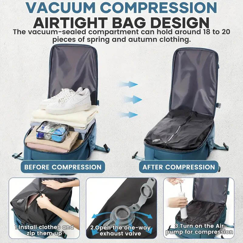 Unisex mugursoma ar vakuuma kompresiju, biznesa ceļojumiem; tilpums 36–55 l; Oxford audums; ūdensizturīgs; der pie 16 collu klēpjdatora