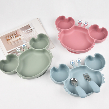 Dječji set posuđa za hranjenje od silikona s podijeljenom posudom i crtićnim rakom, sladak stil, za djecu od 6 mjeseci