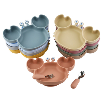 Dječji set posuđa za hranjenje od silikona s podijeljenom posudom i crtićnim rakom, sladak stil, za djecu od 6 mjeseci