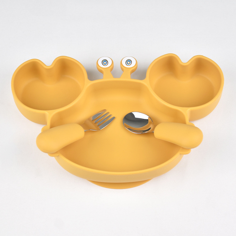 Dječji set posuđa za hranjenje od silikona s podijeljenom posudom i crtićnim rakom, sladak stil, za djecu od 6 mjeseci