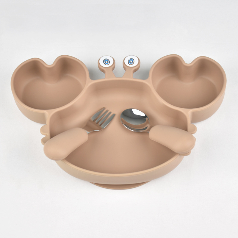 Dječji set posuđa za hranjenje od silikona s podijeljenom posudom i crtićnim rakom, sladak stil, za djecu od 6 mjeseci