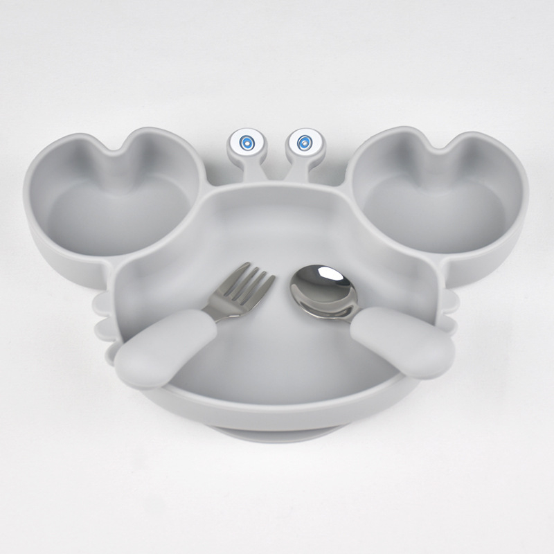 Dječji set posuđa za hranjenje od silikona s podijeljenom posudom i crtićnim rakom, sladak stil, za djecu od 6 mjeseci