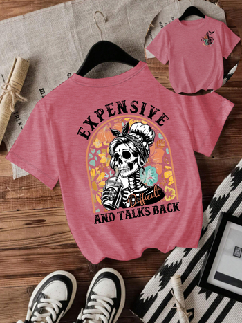 Majica s printom lubanje za Halloween, kratkih rukava, okrugli izrez, srednje duljine, mješavina poliestera i obojane pamuke (50-70% poliestera, 30-50% obojane pamuke)