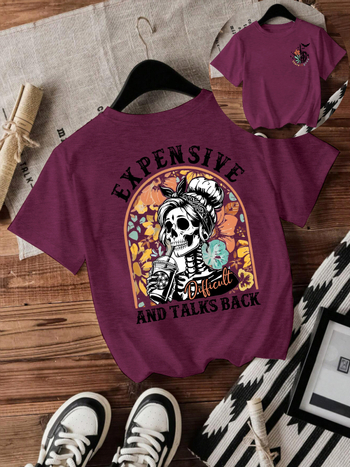 Majica s printom lubanje za Halloween, kratkih rukava, okrugli izrez, srednje duljine, mješavina poliestera i obojane pamuke (50-70% poliestera, 30-50% obojane pamuke)