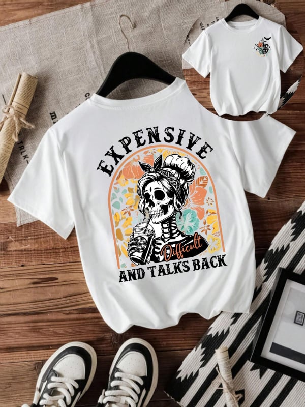 Majica s printom lubanje za Halloween, kratkih rukava, okrugli izrez, srednje duljine, mješavina poliestera i obojane pamuke (50-70% poliestera, 30-50% obojane pamuke)