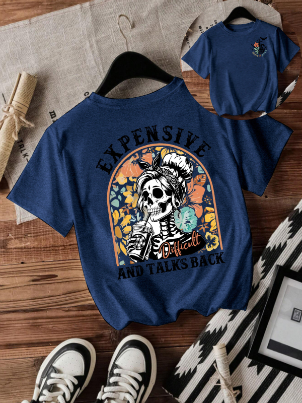 Majica s printom lubanje za Halloween, kratkih rukava, okrugli izrez, srednje duljine, mješavina poliestera i obojane pamuke (50-70% poliestera, 30-50% obojane pamuke)