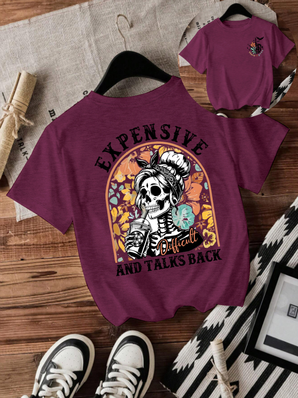 Majica s printom lubanje za Halloween, kratkih rukava, okrugli izrez, srednje duljine, mješavina poliestera i obojane pamuke (50-70% poliestera, 30-50% obojane pamuke)