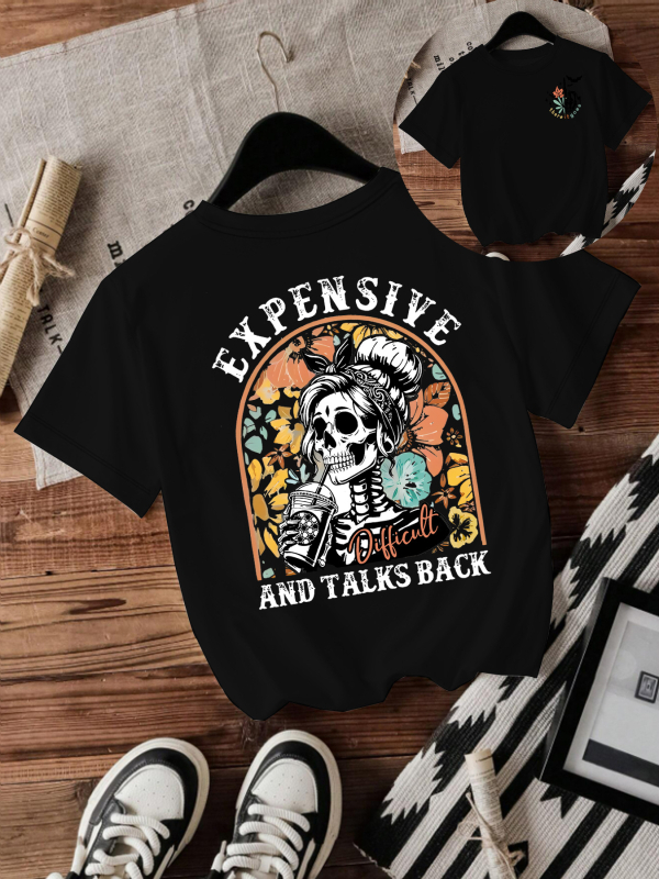 Majica s printom lubanje za Halloween, kratkih rukava, okrugli izrez, srednje duljine, mješavina poliestera i obojane pamuke (50-70% poliestera, 30-50% obojane pamuke)