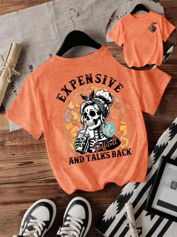 Majica s printom lubanje za Halloween, kratkih rukava, okrugli izrez, srednje duljine, mješavina poliestera i obojane pamuke (50-70% poliestera, 30-50% obojane pamuke)