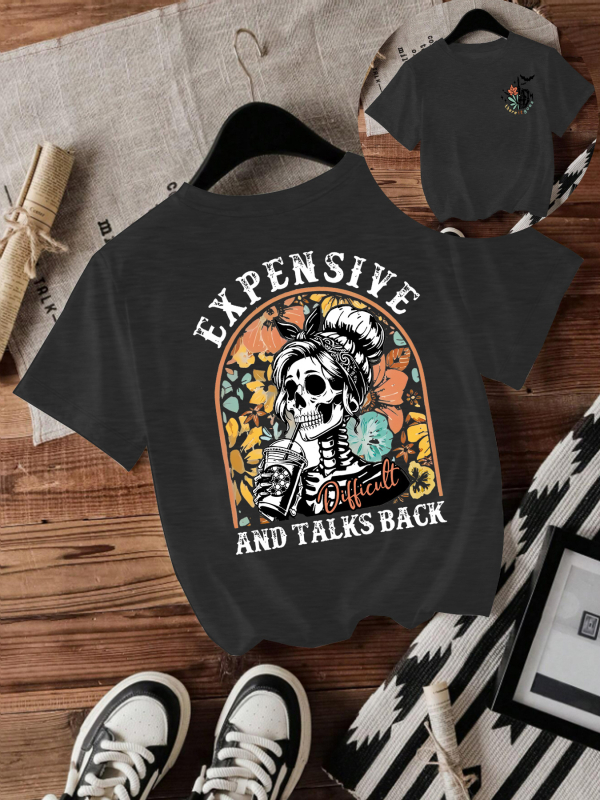 Majica s printom lubanje za Halloween, kratkih rukava, okrugli izrez, srednje duljine, mješavina poliestera i obojane pamuke (50-70% poliestera, 30-50% obojane pamuke)