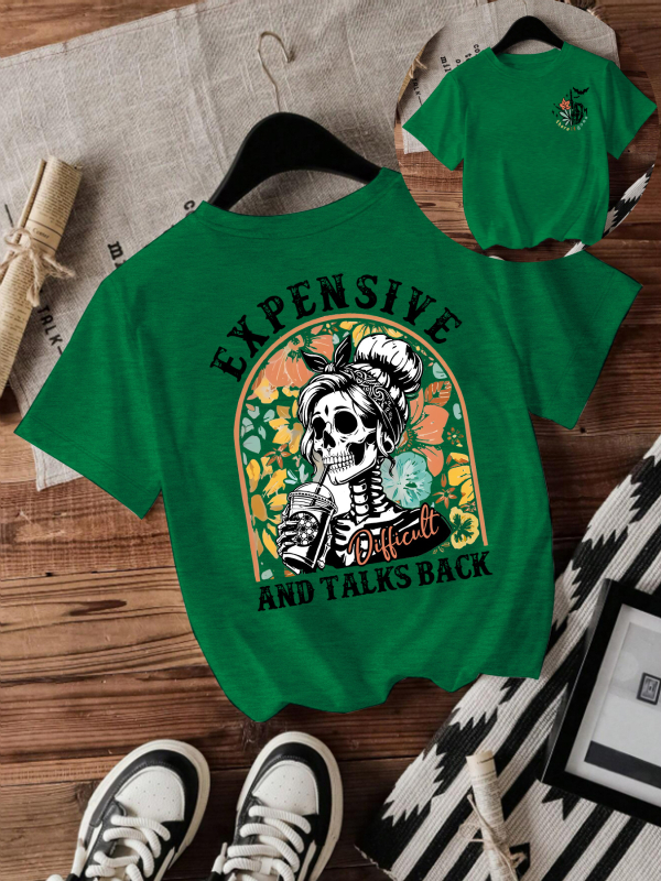 Majica s printom lubanje za Halloween, kratkih rukava, okrugli izrez, srednje duljine, mješavina poliestera i obojane pamuke (50-70% poliestera, 30-50% obojane pamuke)