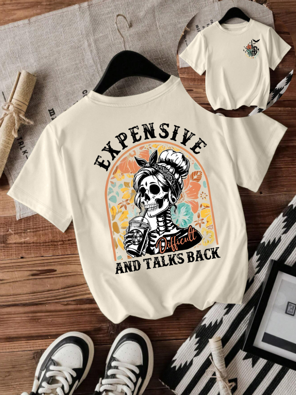 Majica s printom lubanje za Halloween, kratkih rukava, okrugli izrez, srednje duljine, mješavina poliestera i obojane pamuke (50-70% poliestera, 30-50% obojane pamuke)