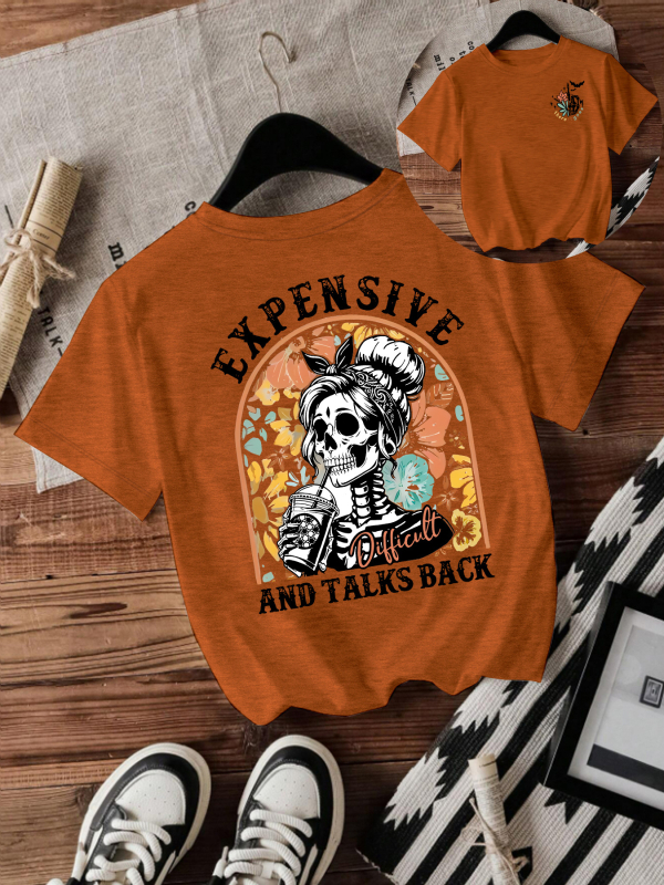 Majica s printom lubanje za Halloween, kratkih rukava, okrugli izrez, srednje duljine, mješavina poliestera i obojane pamuke (50-70% poliestera, 30-50% obojane pamuke)