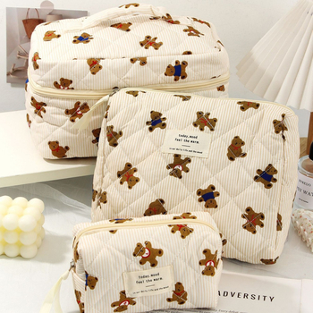 Kozmetička torbica s karikaturnim medvjedom, tijelo od pamuka, podstava od poliestera, velika kapacitet, putna kozmetička torbica, unisex