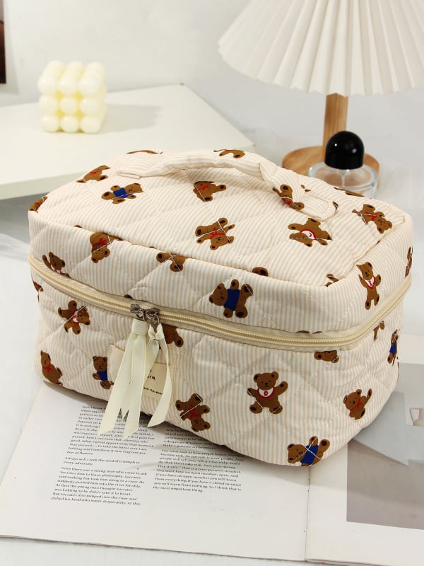 Kozmetička torbica s karikaturnim medvjedom, tijelo od pamuka, podstava od poliestera, velika kapacitet, putna kozmetička torbica, unisex