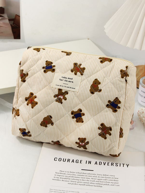 Kozmetička torbica s karikaturnim medvjedom, tijelo od pamuka, podstava od poliestera, velika kapacitet, putna kozmetička torbica, unisex