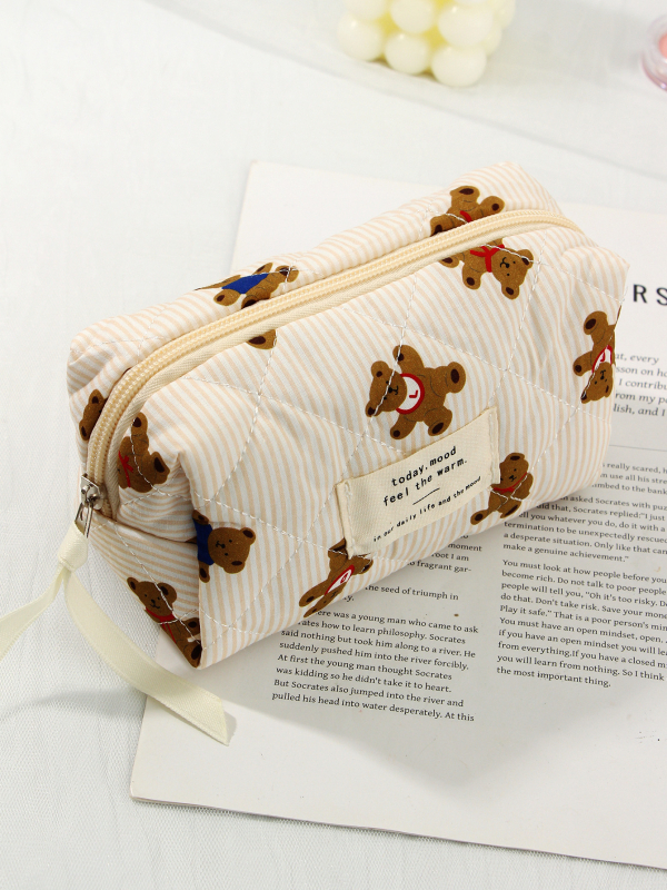 Kozmetička torbica s karikaturnim medvjedom, tijelo od pamuka, podstava od poliestera, velika kapacitet, putna kozmetička torbica, unisex