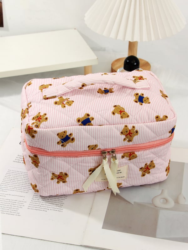 Kozmetička torbica s karikaturnim medvjedom, tijelo od pamuka, podstava od poliestera, velika kapacitet, putna kozmetička torbica, unisex