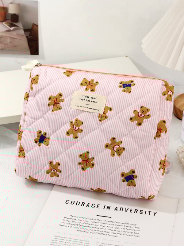 Kozmetička torbica s karikaturnim medvjedom, tijelo od pamuka, podstava od poliestera, velika kapacitet, putna kozmetička torbica, unisex