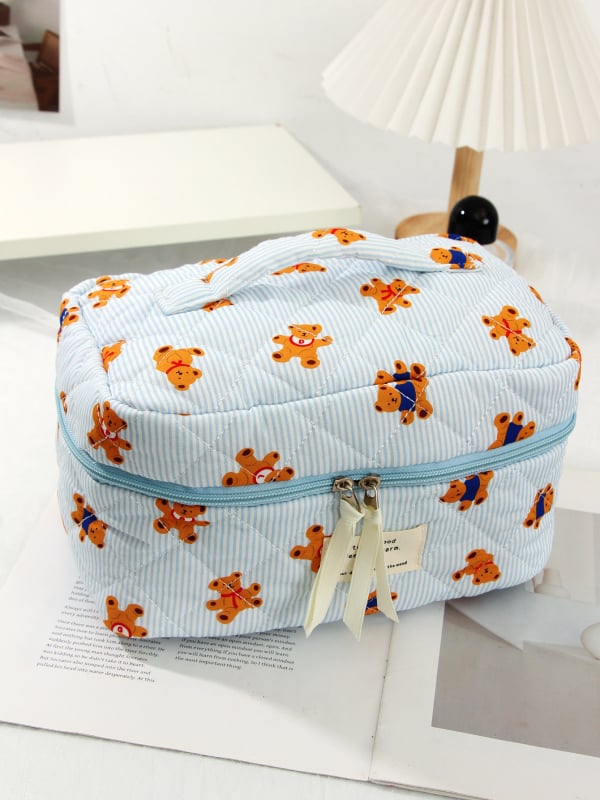 Kozmetička torbica s karikaturnim medvjedom, tijelo od pamuka, podstava od poliestera, velika kapacitet, putna kozmetička torbica, unisex