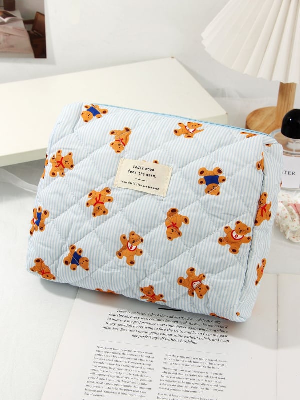 Kozmetička torbica s karikaturnim medvjedom, tijelo od pamuka, podstava od poliestera, velika kapacitet, putna kozmetička torbica, unisex