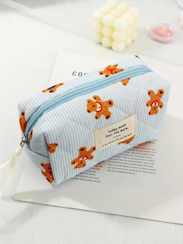 Kozmetička torbica s karikaturnim medvjedom, tijelo od pamuka, podstava od poliestera, velika kapacitet, putna kozmetička torbica, unisex