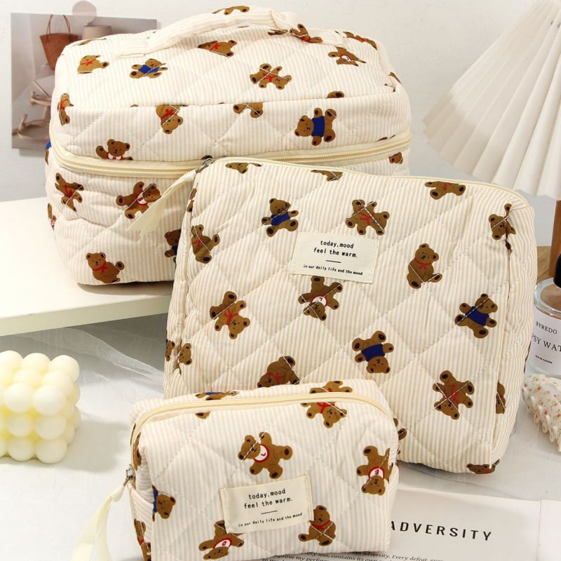 Kozmetička torbica s karikaturnim medvjedom, tijelo od pamuka, podstava od poliestera, velika kapacitet, putna kozmetička torbica, unisex