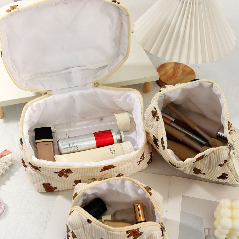 Kozmetička torbica s karikaturnim medvjedom, tijelo od pamuka, podstava od poliestera, velika kapacitet, putna kozmetička torbica, unisex