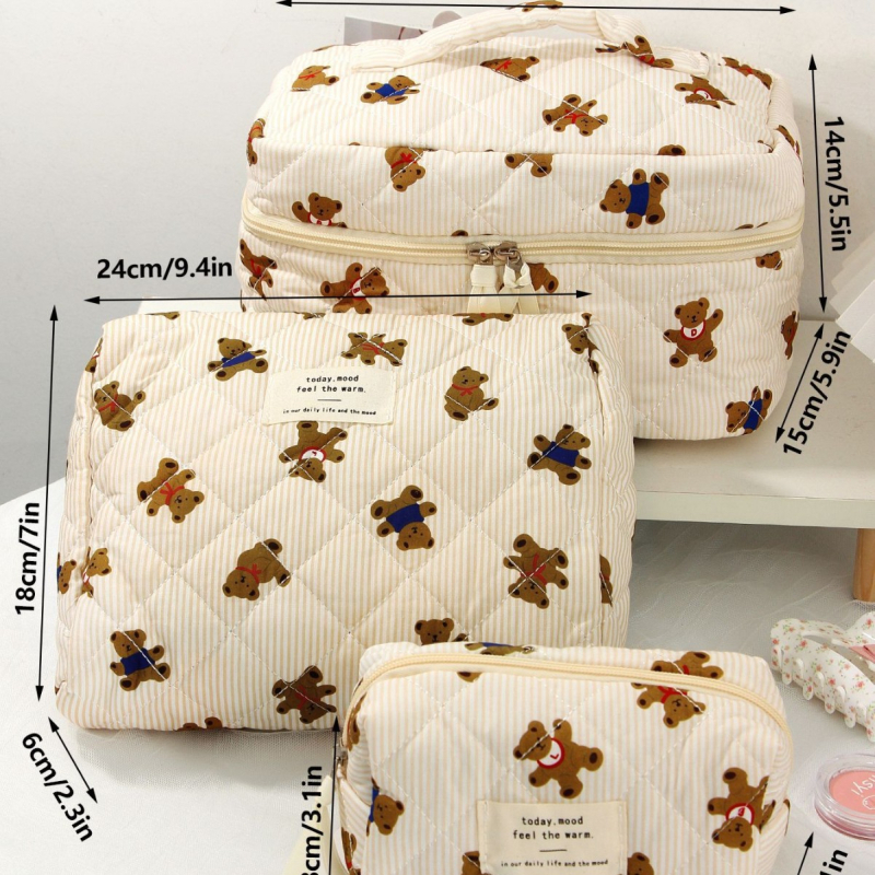 Kozmetička torbica s karikaturnim medvjedom, tijelo od pamuka, podstava od poliestera, velika kapacitet, putna kozmetička torbica, unisex