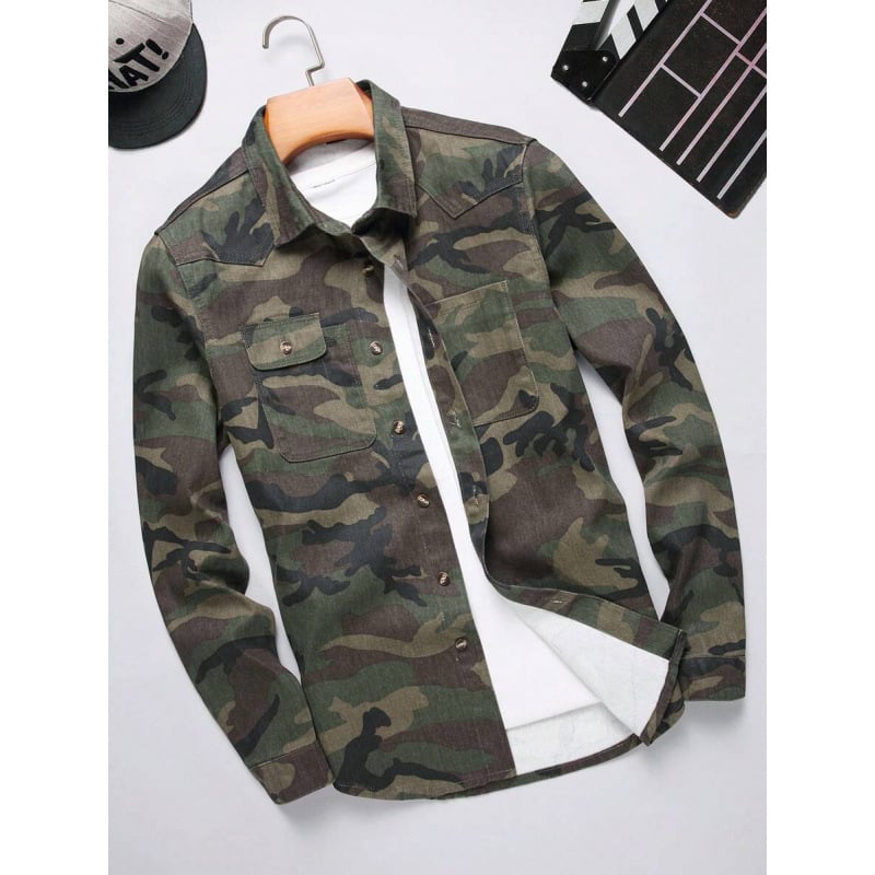Vīriešu krekls ar pogām priekšā, kamuflāžas apdruka, sintētisko šķiedru maisījums