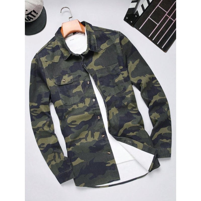 Vīriešu krekls ar pogām priekšā, kamuflāžas apdruka, sintētisko šķiedru maisījums