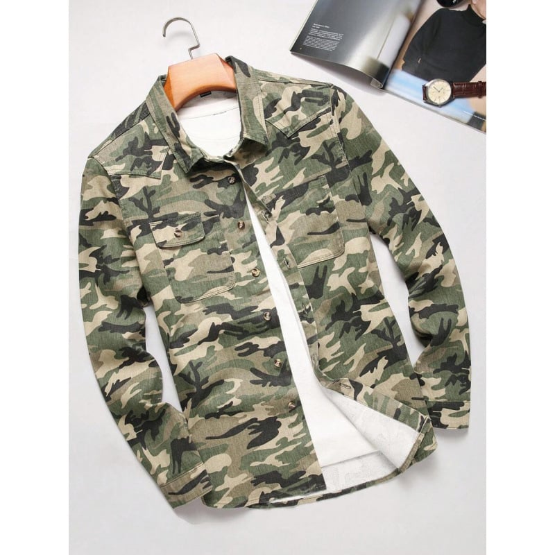 Vīriešu krekls ar pogām priekšā, kamuflāžas apdruka, sintētisko šķiedru maisījums