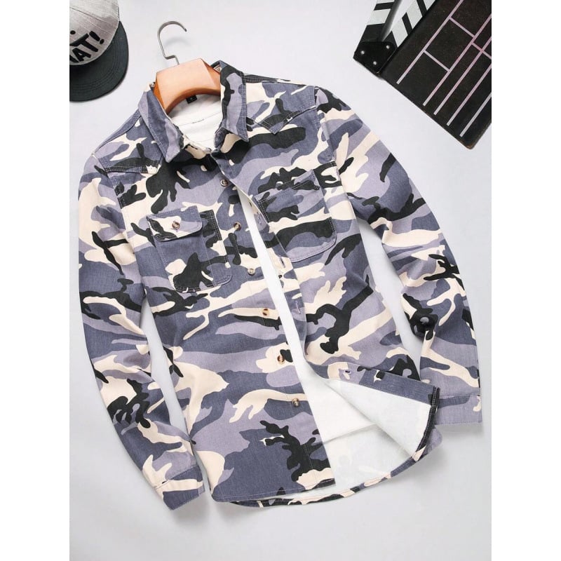Vīriešu krekls ar pogām priekšā, kamuflāžas apdruka, sintētisko šķiedru maisījums
