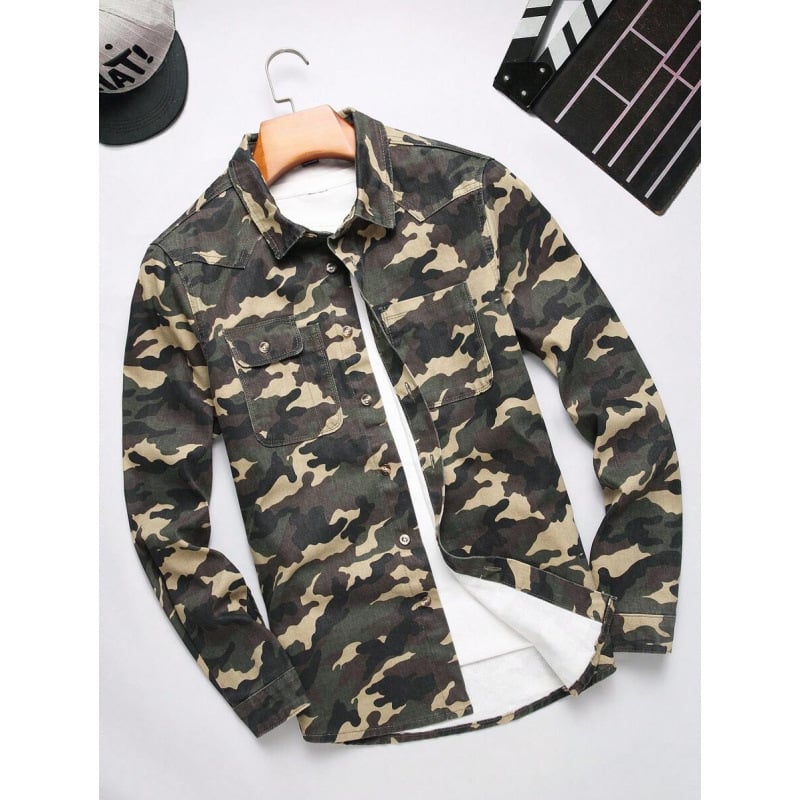Vīriešu krekls ar pogām priekšā, kamuflāžas apdruka, sintētisko šķiedru maisījums