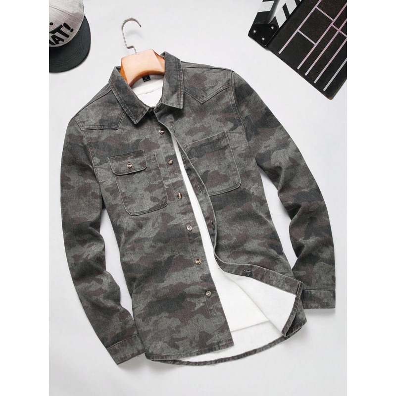 Vīriešu krekls ar pogām priekšā, kamuflāžas apdruka, sintētisko šķiedru maisījums