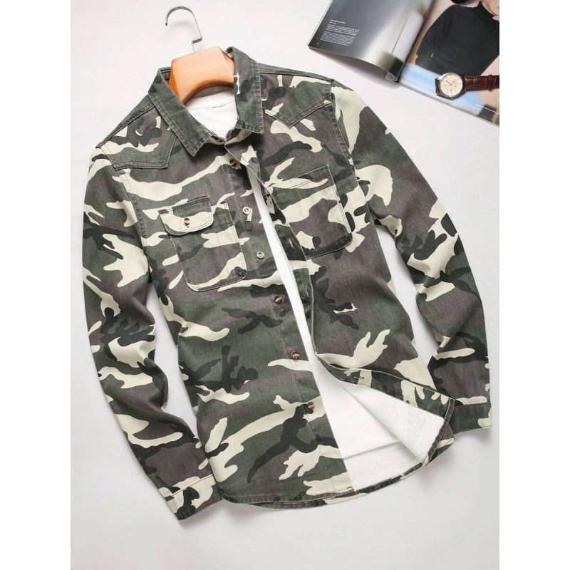 Vīriešu krekls ar pogām priekšā, kamuflāžas apdruka, sintētisko šķiedru maisījums