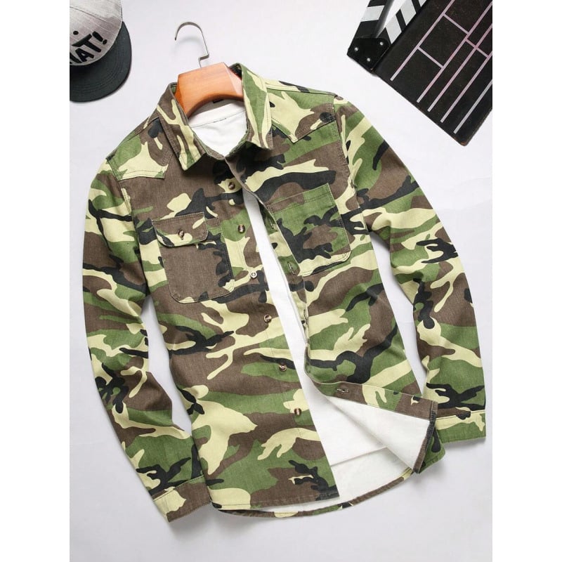 Vīriešu krekls ar pogām priekšā, kamuflāžas apdruka, sintētisko šķiedru maisījums