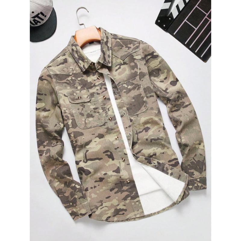 Vīriešu krekls ar pogām priekšā, kamuflāžas apdruka, sintētisko šķiedru maisījums